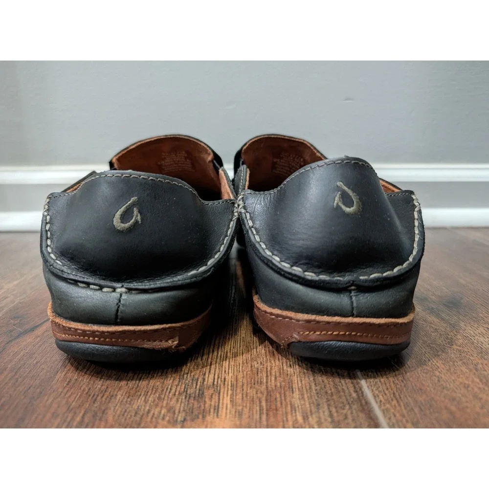 OluKai Mens Moloā Leather Slip On Shoes Black Toffee Size 11.5 Nubuck Drop Heel